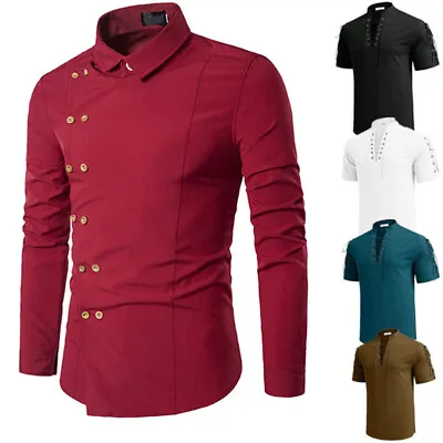 $17.77 • Buy Men's Top Lace-Up Stand Collar V Neck Short Sleeve/Long Sleeve  Slim Fit Shirt