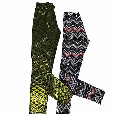 2 Pc Legging Lot Green Shiny Sparkle Mermaid Pink Purple Stripe Polka Dot Sz L • $7.99