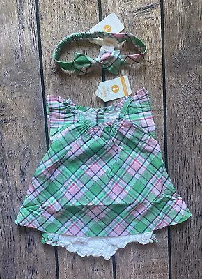 Baby Girl 3-6 Months Gymboree Green Paid Top White Bubble Shorts & Headband • $10