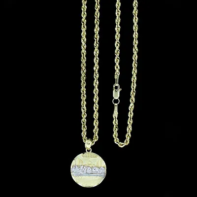 10K Yellow Gold Last Supper Jesus Charm Pendant With 2mm Rope Chain Necklace Set • $169.99