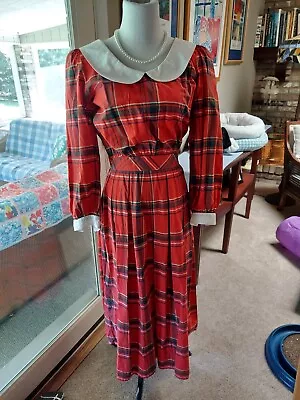 Vtg 80s EILEEN WEST Cotton Plaid Print Cottage Dress S Peter Pan Collar Modest  • $29.99