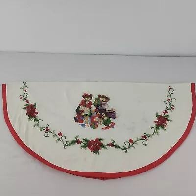 Embroidered XMAS Tree Skirt Handmade Holly Ivy Berries White Needlepoint 36  Vtg • $32.95