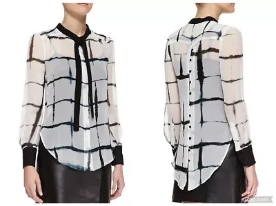 Adam Lippes Sheer  Chiffon Printed Long Sleeve Tie Neck Button Up Blouse White 8 • $33.99