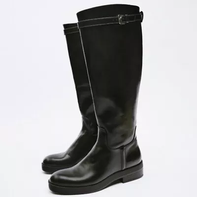 $170 • Buy Zara Low Heel Tall Boots With Buckles Bloggers Style Black Size EU 39