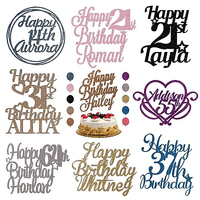 Personalised Cake Topper Custom Any Age Name Happy Birthday Party Glitter Gold • £2.29