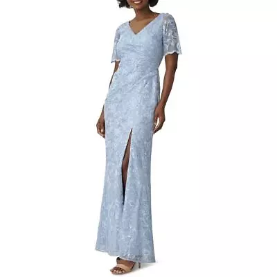 Adrianna Papell Women's Floral Embroidered Ruched Short Sleeve Front Slit Gown • $23.99