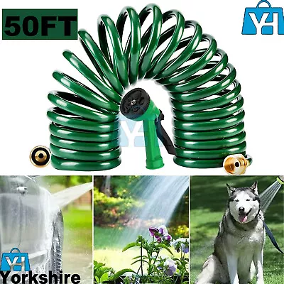 50ft RETRACTABLE COIL HOSE PIPE WATER SPRAY NOZZLE GUN WITH BRASS FITTINGS 15M • £13.95