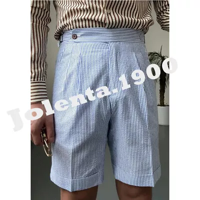 Seersucker Men Pants Adjustable Waist Pleated Front Summer Knee Length Trousers • $39