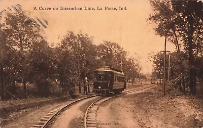 A Curve On Interurban Line La Porte Indiana IN Trolley Train Tracks C1910 PC • $39.95