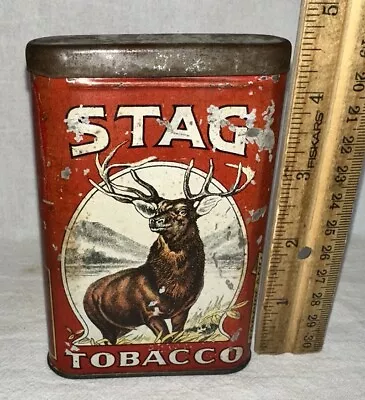 Antique Tall Stag Tobacco Tin Litho Vertical Pocket Can Smoking Elk Deer Vary3 • $28