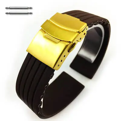 Brown Rubber Silicone Replacement Watch Band Strap Gold Double Lock Buckle 4017G • $14.95