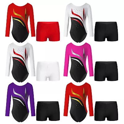 Girls Sparkly Rhinestones Long Sleeve Gymnastics Leotard And Shorts Set Biketard • £15.40