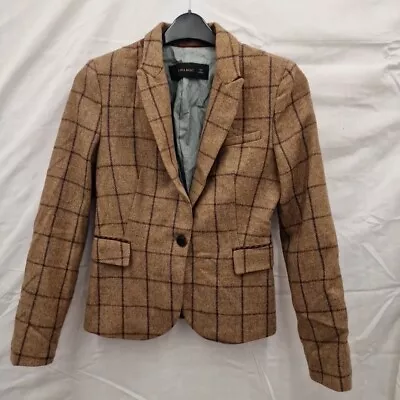 ZARA Brown Checked 100% LAMBSWOOL Hacking Jacket Blazer Elbow Patches Size XS • £34.99