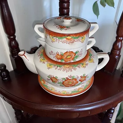 MCM Vintage Porcelain Mikori Japan Stackable Teapot Sugar Creamer & Underplate • $25.98