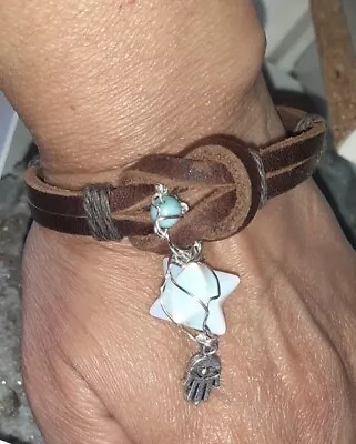 Larimar  Bead Opalite Merkaba Star Leather Bracelet Handcrafted Adjustable  • £10