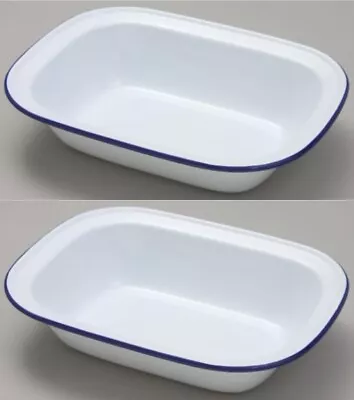 2 Falcon 22cm Oblong Enamel Pie Dish Non Stick Oven Baking Dish White Blue Rim • £12.99