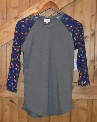 LuLaRoe Shirt Women's Randy Size XS Solid Gray Bodice Blue Sleeves Flowers NWT • $16.50