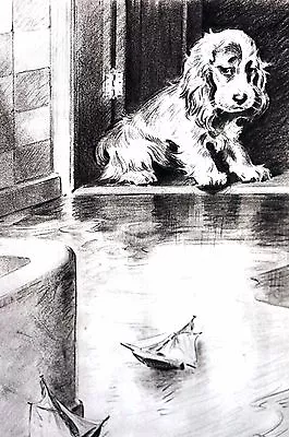 Morgan Dennis 1946 COCKER SPANIEL PUPPY Bathroom Flood Toy Sailboats Dog Print • $25