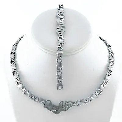Stainless Steel I Love You Silver Tone Heart Necklace Bracelet Set Stampato 18  • $26.95