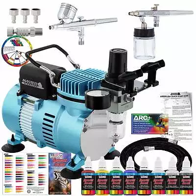 Master Airbrush Compressor Kit With 2 Airbrushes 6 Acrylic Paint Colors Art Set • $139.99