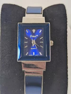 Vivani  Blue Dial Silver Tone Rectangle Case Hinge Open Cuff Band Watch • $13.99