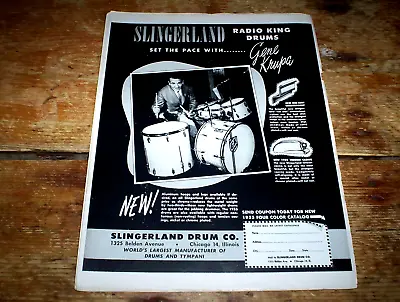 GENE KRUPA ( SLINGERLAND DRUMS ) 1956 Vintage U.S. Magazine PROMO Ad NM- • $24.95