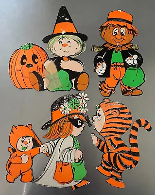 Lot Of 4 VNTG Halloween Die Cut Decorations WITCH SCARECROW TRICK OR TREATERS • $17.95