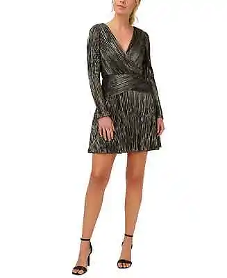 AIDAN MATTOX Dress Size 6 Metallic Black Gold Long Sleeve V-Neck Mini NWT $220 • $51.80