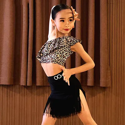 Latin Dance Costumes Short Leopard Top Fringe Skirt Girls Practice Training Suit • $60.94