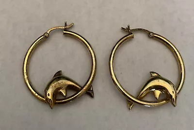 Vintage 1980s Gold Tone Dolphin Jumping Through Hoop Earrings Pierced Ears • $10