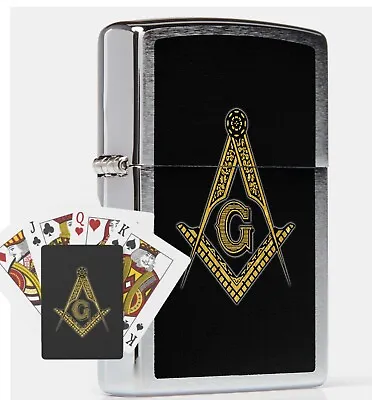 Free Mason Freemasonry Brushed Chrome Zippo Brand Lighter & Playing Cards  • $99