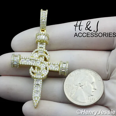925 Sterling Silver Icy Baguette Cz $ Sign Gold Plated 3d Nail Cross Pendant*396 • $66.99