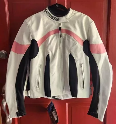 TEKNIC Women's White/Pink Blk Leather Motorcycle Jacket Zip Up Size 14 NWT • $144.40