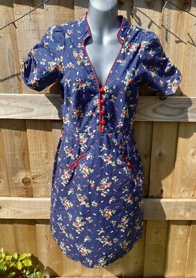 £9.99 • Buy Fabulous ‘Trollied Dolly’ Size Small Navy Polka Dot Strawberry Floral Tea Dress