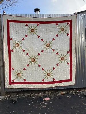 VTG ANTIQUE FLOWER 4 WAY TULIP APPLIQUE QUILT HAND STITCHED 80” X 78”   1940s • $120