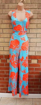 Chic Me Blue Orange Turquoise Floral Belt V Neck Palazzo Jumpsuit 10 12 S M • £19.99