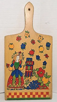 Wood Cutting Board Girl Folk Art Vintage Wooden Bread Hand Painted Floral Fruit • $28.50