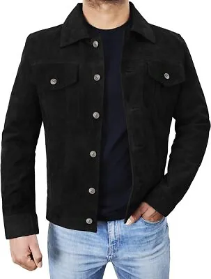 Mens Real Suede Western Leather Trucker Shirt Black Motorcycle Biker Top Jacket • $124.99