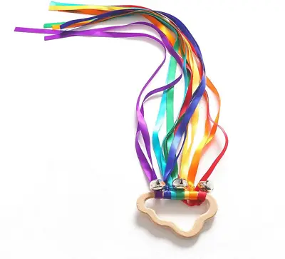 Rainbow Wooden Ribbon Ring ToysRibbon Hand KiteBaby Teether Sensory Toy Cloud • £6.49