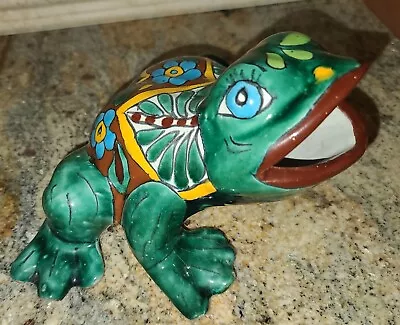 Talavera Frog Pottery Figurine Mexican Clay Folk Art Greens & Blues 8 Inch Wide • $15.95