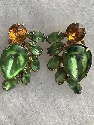 Vintage Green And Amber Multi Rhinestone Clip On Earrings Gold Metal • $12.50