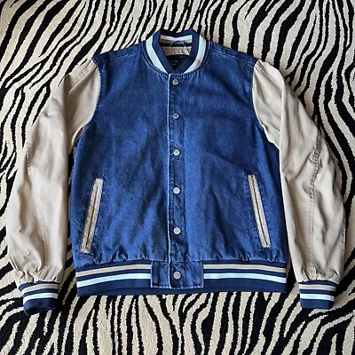 Zara Man -Size L -Denim Varsity Jacket-Snap Front-Blue Denim With Tan Arms • $69