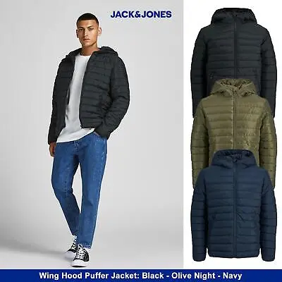 Jack & Jones Mens Quilted Puffer Jacket Hooded Padded Full Zip Size - L Or XL • £18.49