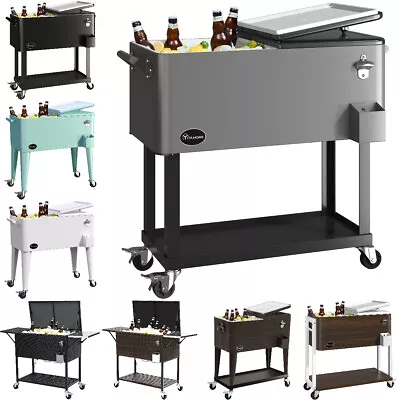 80QT Patio Garden Rolling Cooler Picnic Ice Chest Party Cooler Cart With Shelf • $134.78