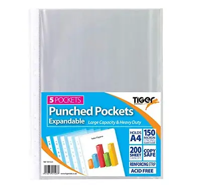 Tiger Stationery A4 Expanding Poly Punched Expandable Pocket File Acid Free 5 Pk • £5.56