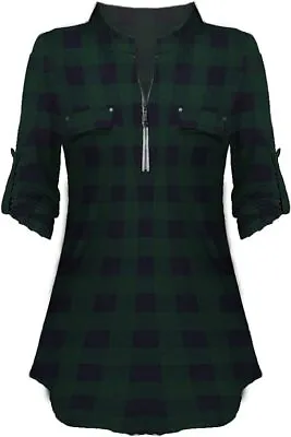 Womens Plaid Shirts Zip Up V Neck Tunic Tops Roll Up Sleeve Casual Ladies... • £12.99