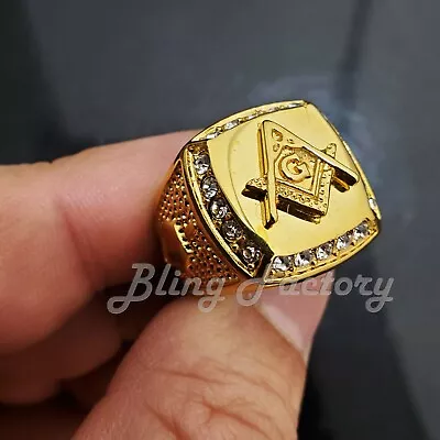 Hip Hop Stainless Steel Gold Tone Masonic Freemason Lab Diamond Ring Size 8~12 • $15.99