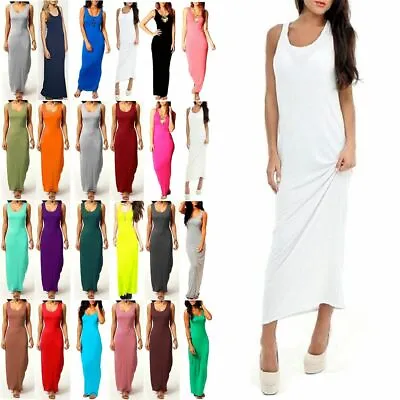 Womens Ladies Muscle Racer Back Sleeveless Bodycon Maxi Dress Size 8-18 • £9.99