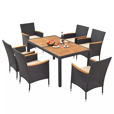 7 PCS Outdoor Dining Set For 6 W/ Umbrella Hole Acacia Wood Tabletop Poolside • $459.99