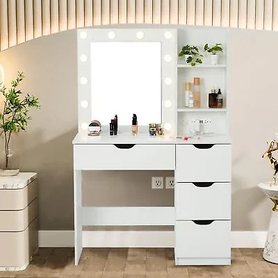 White Vanity Makeup Dressing Table Set With 4 Drawer&Mirror Jewelry Wood Desk • $253.94